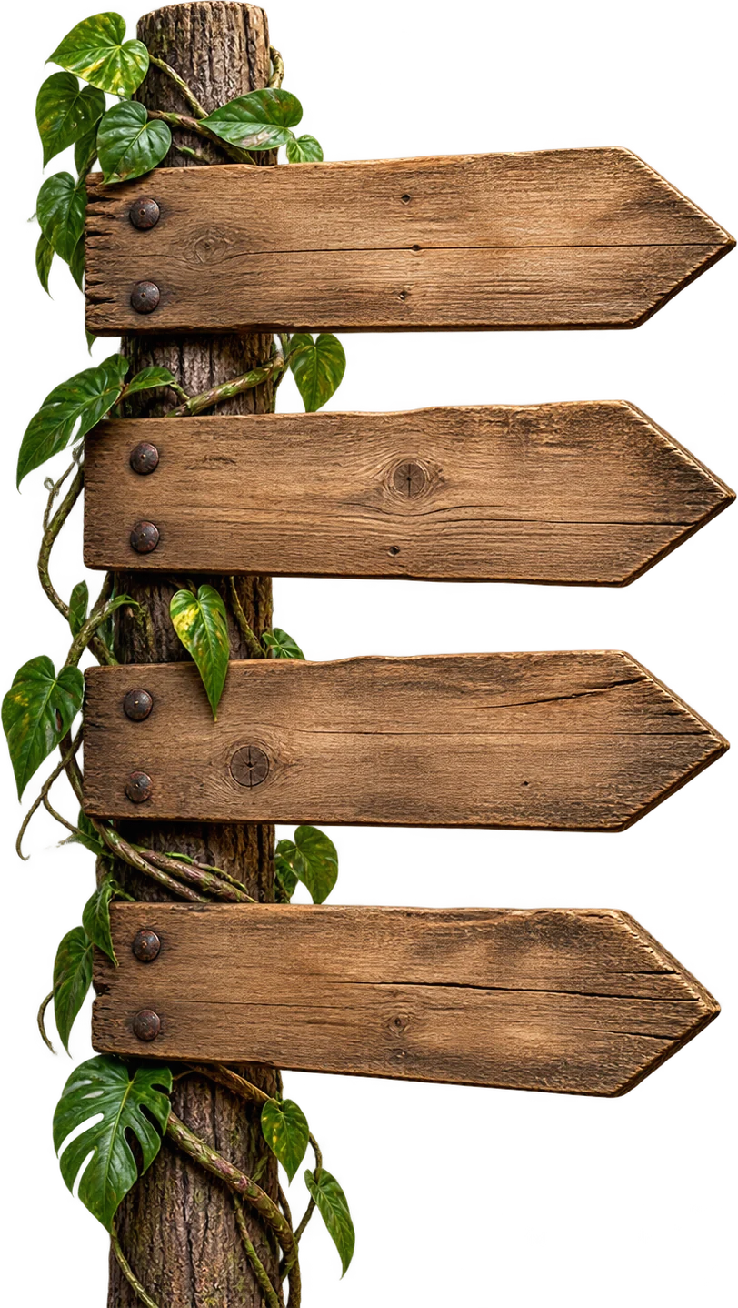 A wooden signpost with four arrows