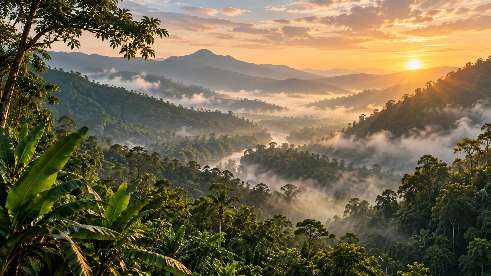 Sunrise over a misty rainforest valley