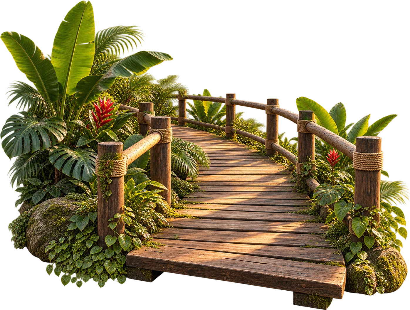 A wooden boardwalk leading into the jungle