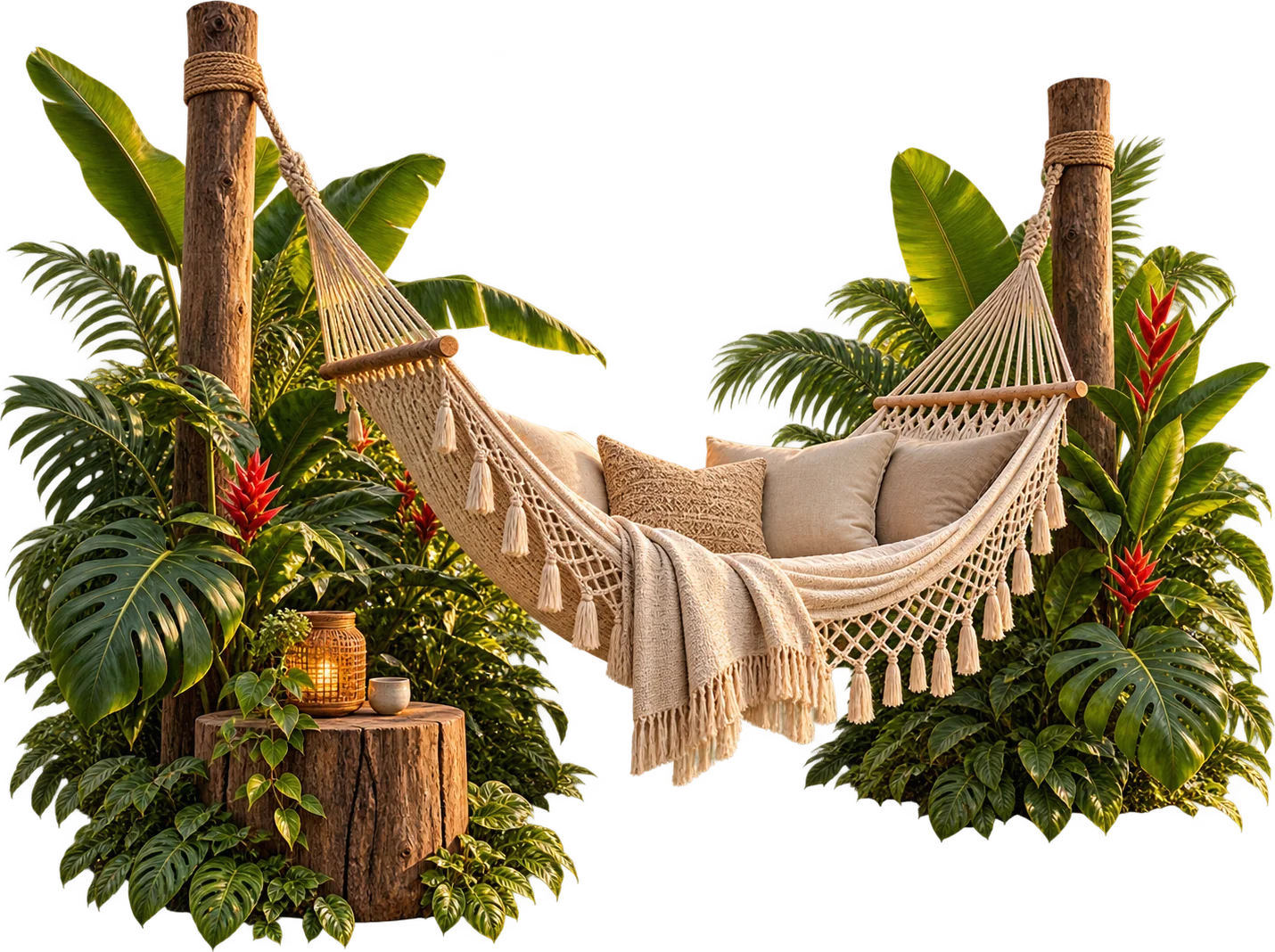 A hammock with cushions between two palms