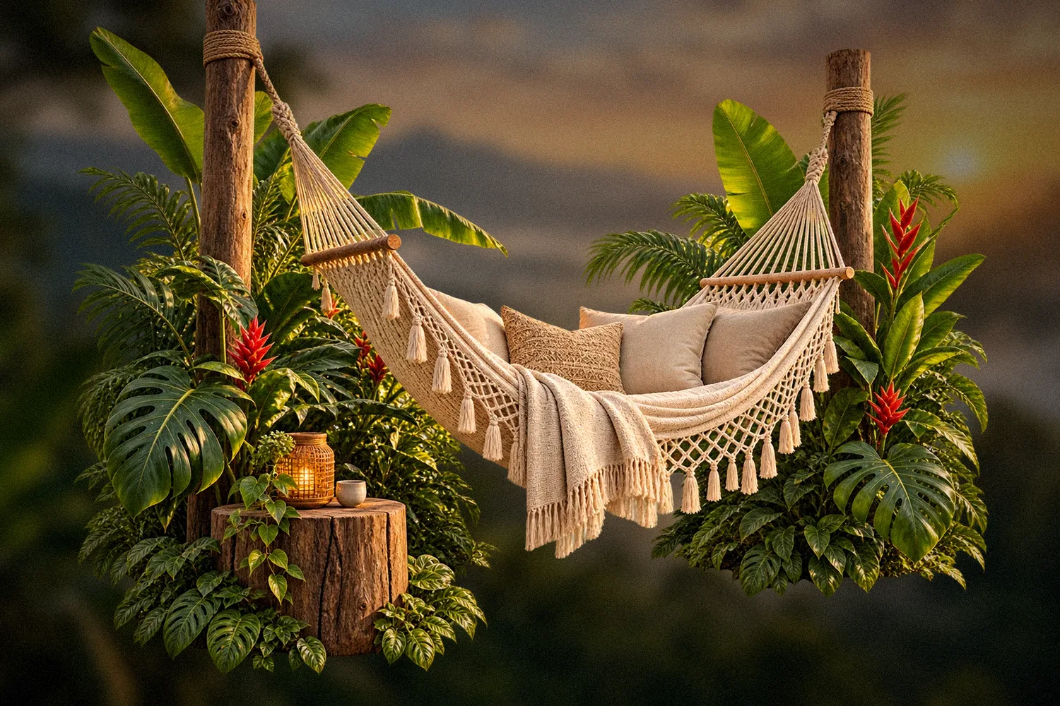 A hammock strung between palms