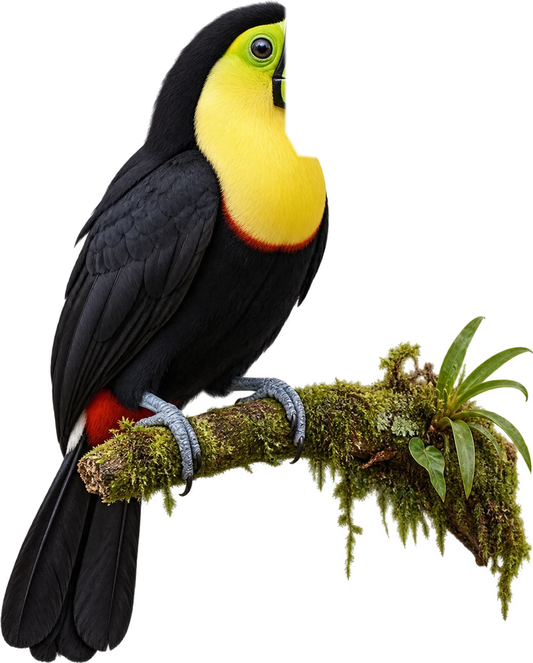 A toucan perched on a mossy branch